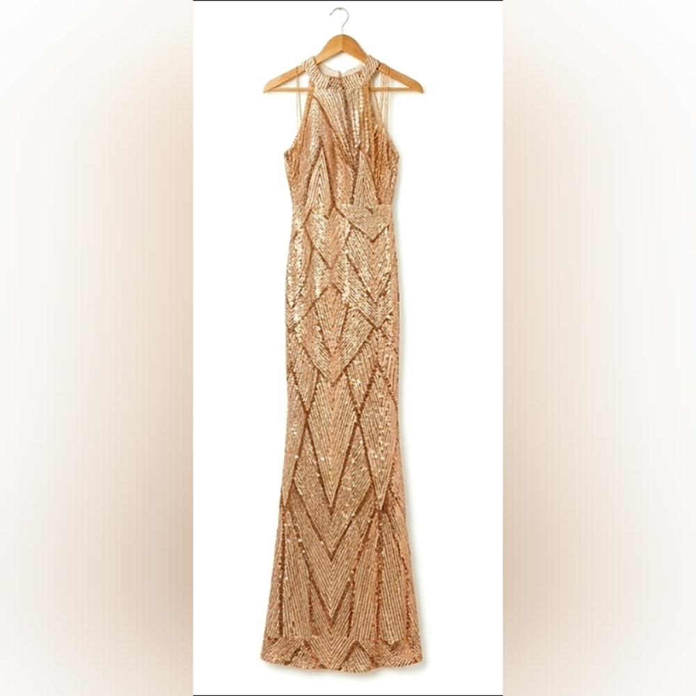 Gold Beaded Evening Dress - Metallic Geometric Detailing- Prom